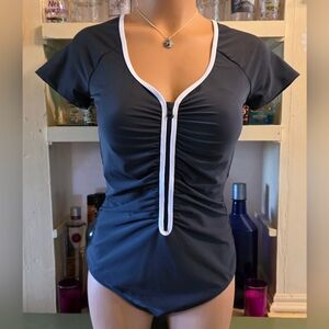 Cupshe One Piece Swimsuit Grey White Trim Cap Sleeves Fitted Built-in Cups NWT